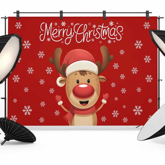 Merry Christmas Backdrop for Photoshoot,Photography Photo Studio Background Wall Backdrop,Red Winter Xmas Cartoon Deer Snowflake Back Drop Banner Panel for Portraits Wedding Live Streaming 10x8Ft