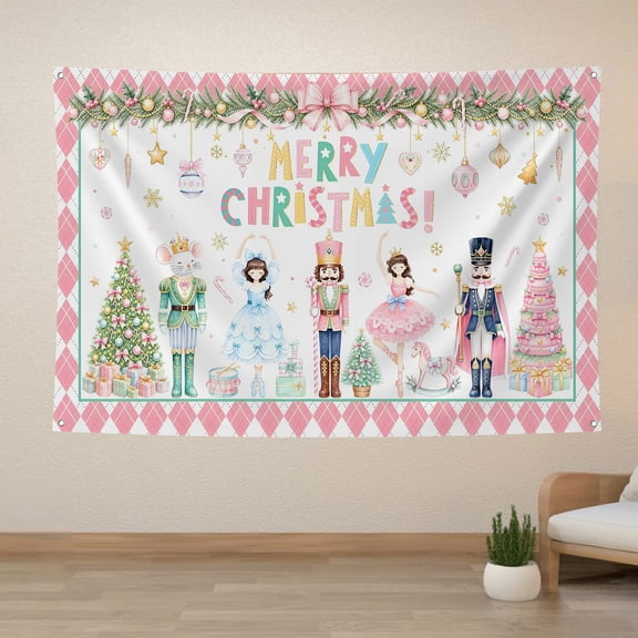 Merry Christmas Backdrop Pink Checkered Nutcracker Christmas Background for Girls Winter Nutcracker Ballet Xmas Princess Party Decorations Banner Supplies Photo Booth Props