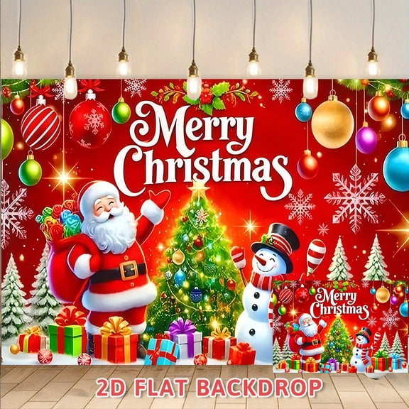 Merry Christmas Backdrop Red Xmas Themed Banner with Santa Snowman Tree Pattern for Holiday Party Indoor Outdoor Decoration Photo Booth Mall Event Scene Setup