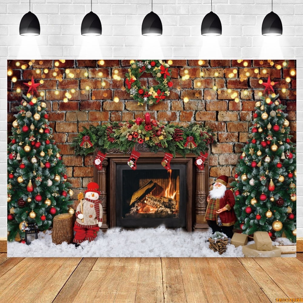 Merry Christmas Backdrop023 Xmas Tree Winter Fireplace Window Gift Wood ...