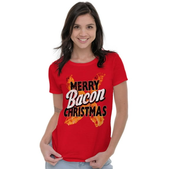 Merry Christmas Bacon Meat Lover Womens Slim Fit Graphic Tee Brisco Brands M