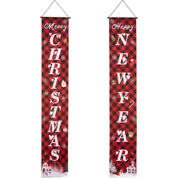 Merry Christmas Banner Cristmas Porch Sign Xmas Decor Hanging Red Plaid Buffalo for Winter Indoor Outdoor Yard Holiday Home Party Porch Wall Decoration 11.8 x 70.9inch DIY Word