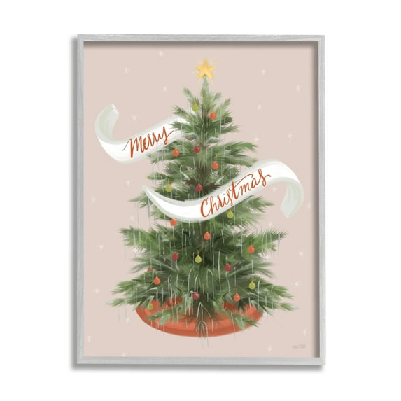 Merry Christmas Banner Decorated Christmas Tree Ornaments Botanical & Floral Graphic Art Framed Art Print Wall Art