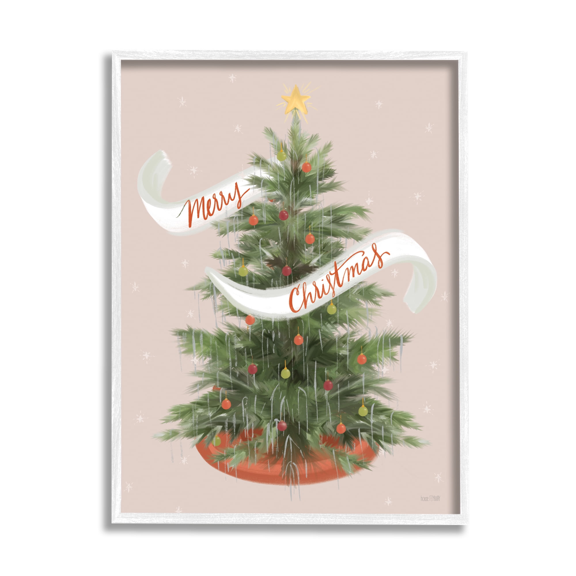 Merry Christmas Banner Decorated Christmas Tree Ornaments Botanical & Floral Graphic Art Framed Art Print Wall Art
