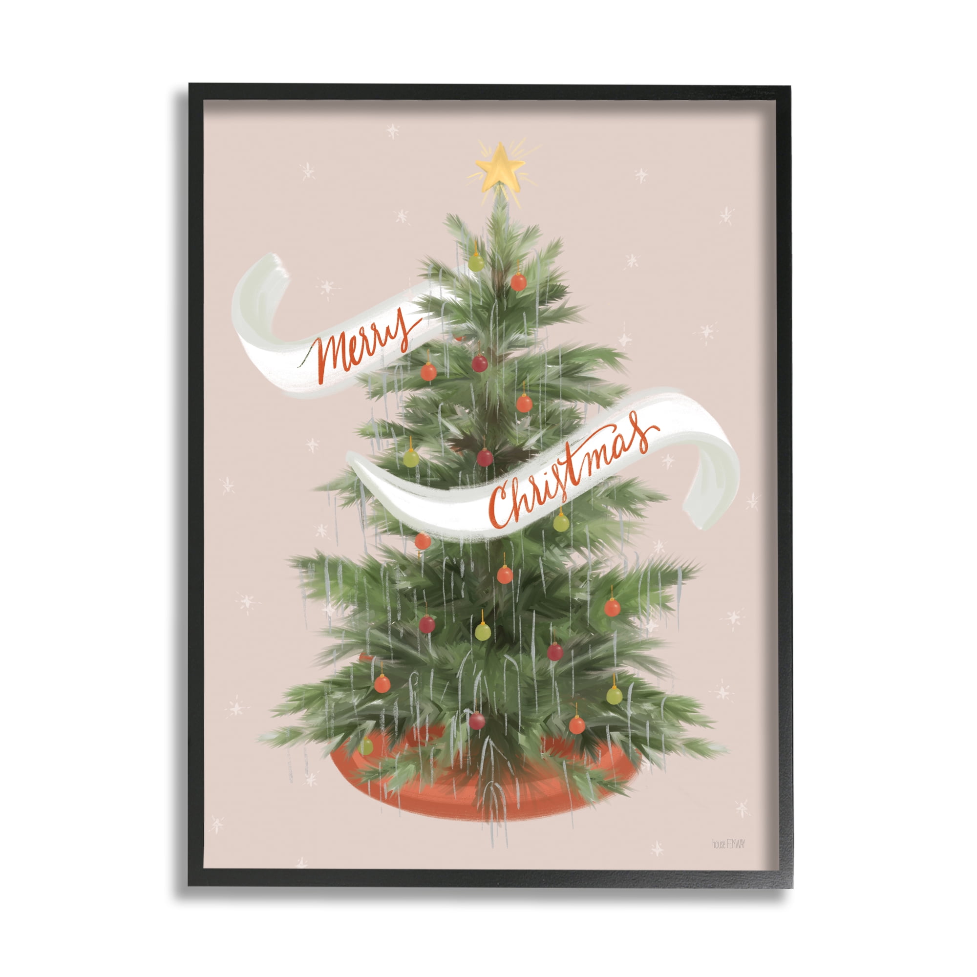 Merry Christmas Banner Decorated Christmas Tree Ornaments Botanical & Floral Graphic Art Framed Art Print Wall Art