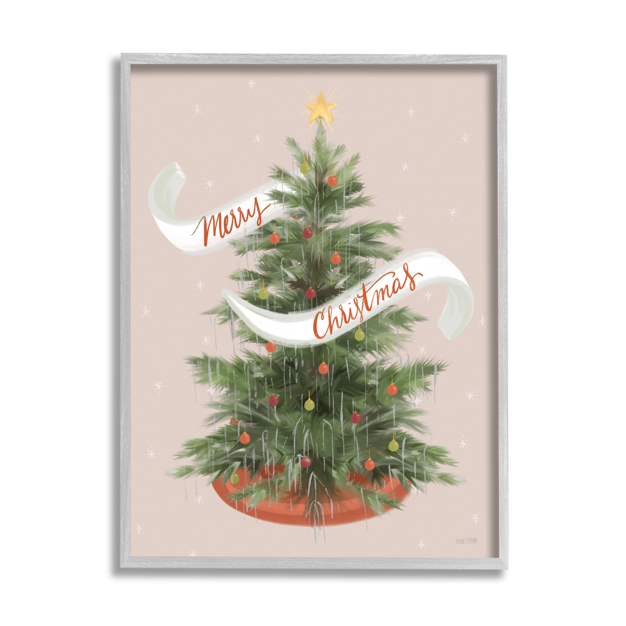 Merry Christmas Banner Decorated Christmas Tree Ornaments Botanical & Floral Graphic Art Framed Art Print Wall Art