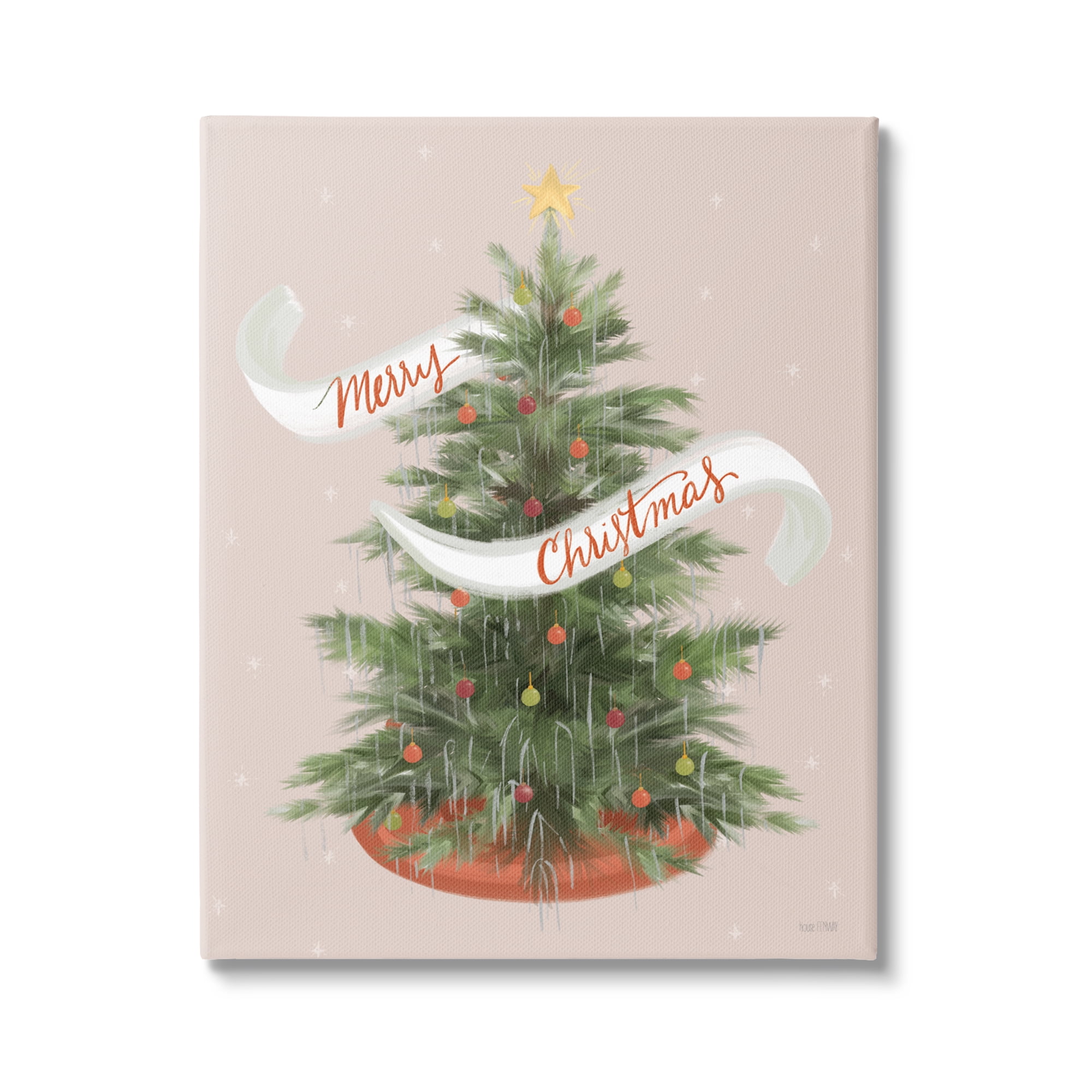 Merry Christmas Banner Decorated Christmas Tree Ornaments Botanical & Floral Graphic Art Gallery-Wrapped Canvas Print Wall Art
