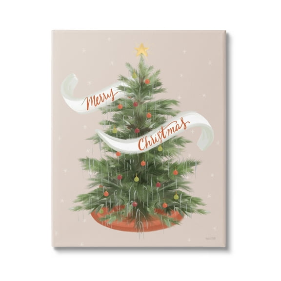 Merry Christmas Banner Decorated Christmas Tree Ornaments Botanical & Floral Graphic Art Gallery-Wrapped Canvas Print Wall Art