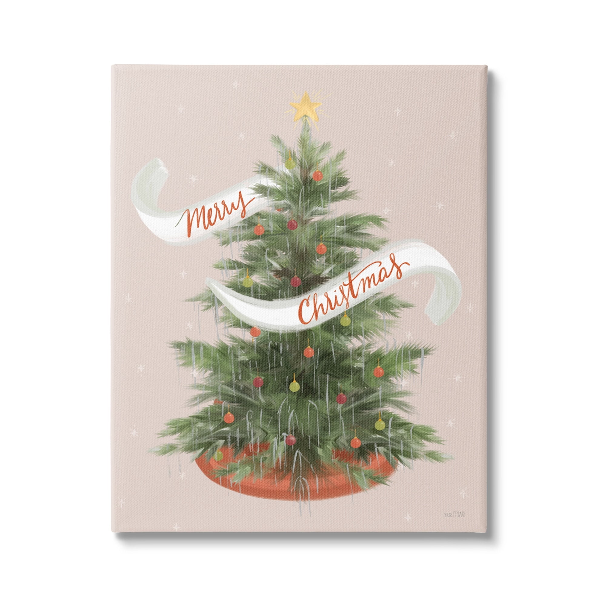 Merry Christmas Banner Decorated Christmas Tree Ornaments Botanical & Floral Graphic Art Gallery-Wrapped Canvas Print Wall Art