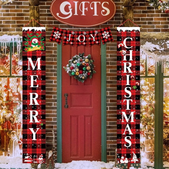 Merry Christmas Banner for Home - Christmas Porch Sign Decorations Outdoor Indoor, Winter Holiday Wall Hanging Red Buffalo Check Plaid Decor for Front Door Home Kitchen Party