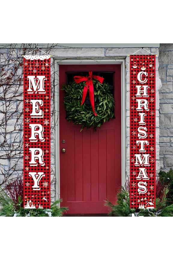 Merry Christmas Banner Porch Sign Buffalo Plaid Christmas Porch Sign Hanging Xmas Decorations for Home Indoor Outdoor Wall Front Door Apartment Party