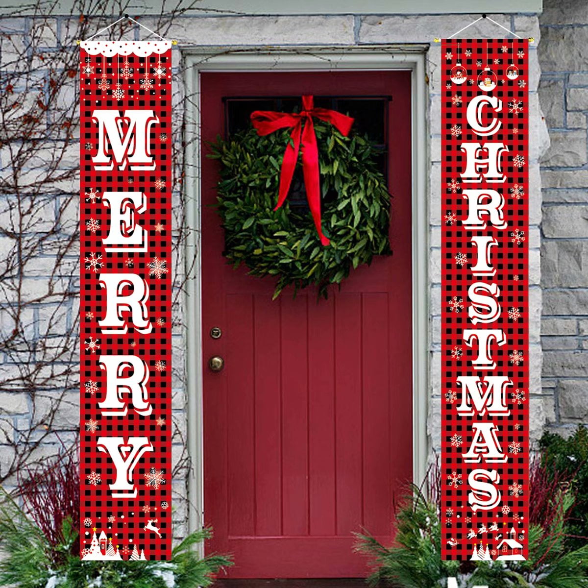 Merry Christmas Banner Porch Sign Buffalo Plaid Christmas Porch Sign Hanging Xmas Decorations for Home Indoor Outdoor Wall Front Door Apartment Party