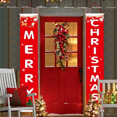 Merry Christmas Banner for Front Door, Classic Red & White Holiday Welcome Sign for Porch & Wall, Indoor Outdoor Xmas Decor