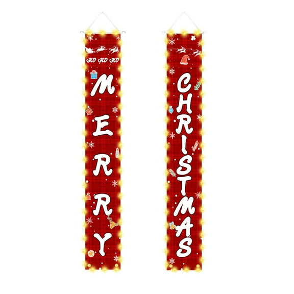 Merry Christmas Banners with String Lights, Xmas Decoration Banners for Outside Door, Christmas Decorations for Porch Sign, Indoor, Yard (A)