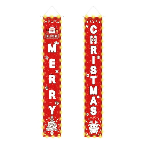 Merry Christmas Banners with String Lights, Xmas Decoration Banners for Outside Door, Christmas Decorations for Porch Sign, Indoor, Yard (E)