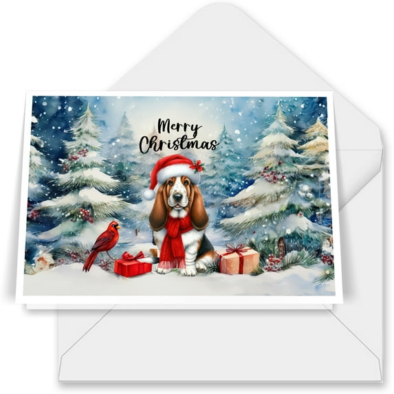Merry Christmas Basset Hound Enjoys Woofmas Winter Xmas Holiday 7x5in Folded Greeting Card Bassets Dog Breed Lovers Gifts Idea Single Note Card with Envelope - 02022