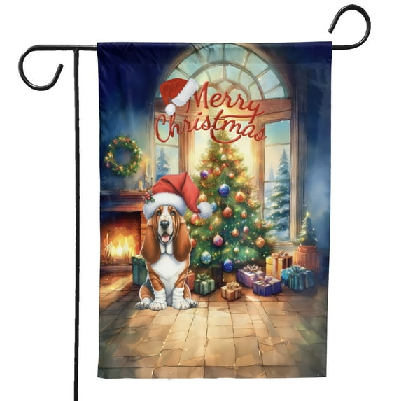 Merry Christmas Basset Hound Santa Hat Xmas Tree Winter Holiday Garden Flag 12x18in Double Sided Bassets Dog Breed Lovers Gifts Idea Outdoor Decor - 01013