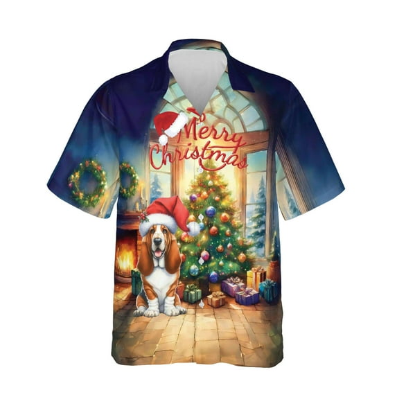 Merry Christmas Basset Hound Santa Hat Xmas Tree Winter Holiday Hawaiian Shirt Breathable Summer Unisex Merch Bassets Dog Breed Lovers Gifts Idea - 01013