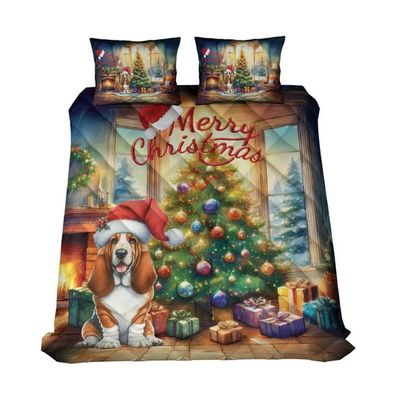 Merry Christmas Basset Hound Santa Hat Xmas Tree Winter Holiday Quilt Bedding Set Bassets Dog Breed Lovers Gifts Idea 1 Blanket Bed Cover 2 Pillowcases - 01013
