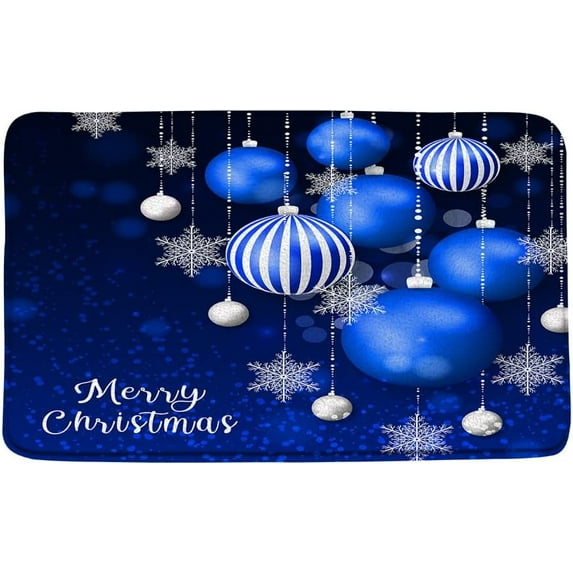 Merry Christmas Bath Mat Blue Xmas Balls Snowflake Happy New Year Winter Holiday Festival Fantasy Bathroom Kitchen Rugs,16x24 Inch
