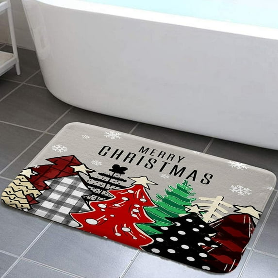 Merry Christmas Bath Mat, Colorful Christmas Trees Bathroom Rugs, Winter Snowflakes Grey Bath Rugs for Bathroom Bedroom Decor, 19X31in