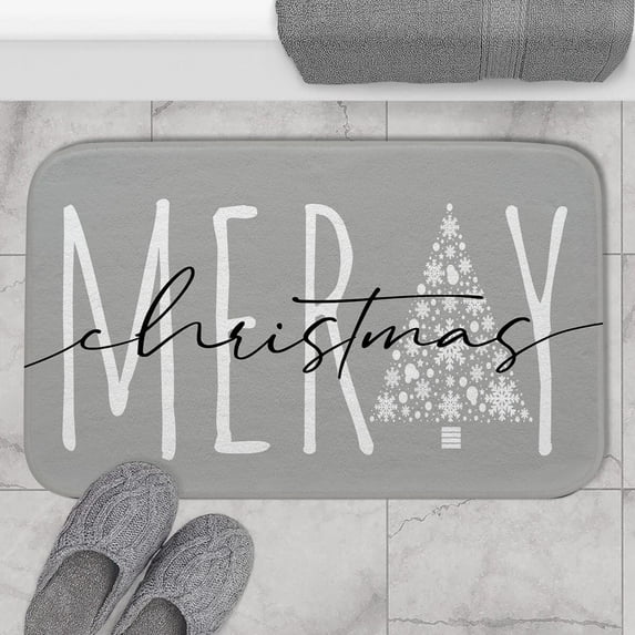 Merry Christmas Bath Mat, Cute Grey Xmas Bathroom Mat, Christmas Tree Christmas Decoration Mat Doormat, Non-Slip Water Absorbent Plush Bathroom Rug for Bathtub Shower Sink, 17.5x29.5 Inch