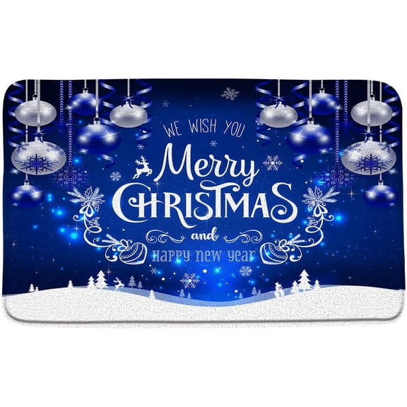 Merry Christmas Bath Mat Xmas Silver Balls Snowflakes Snowy Winter Holiday Happy New Year,Blue Bathroom Kitchen Rugs,17.8"x 29.5"