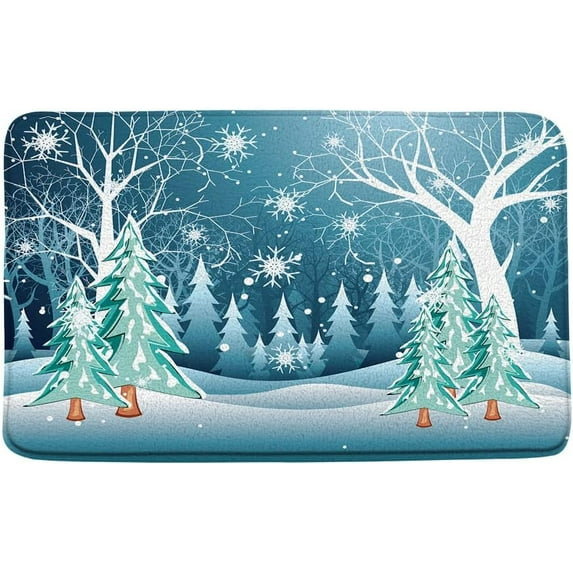 Merry Christmas Bath Mat Xmas Tree Snowflakes Snowy Pine Forest Watercolor Winter Holiday Happy New Year,Green Teal Bathroom Kitchen Rugs,16"x 24"