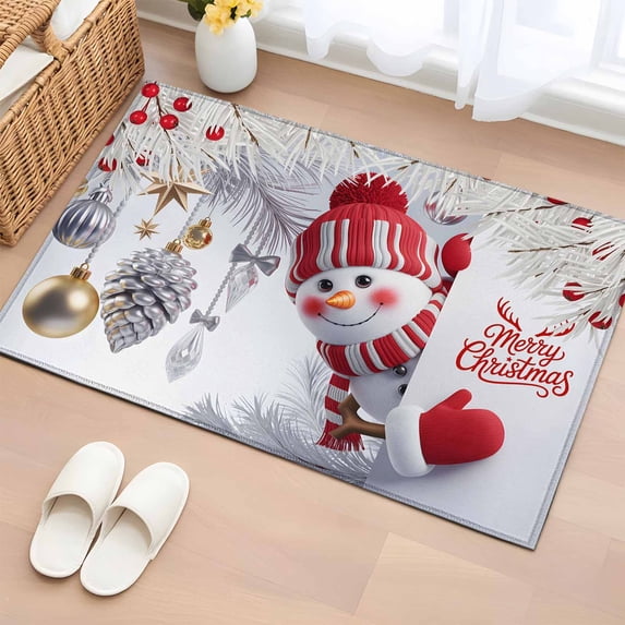 Merry Christmas Bathroom Rug Washable 2x3 Entryway Rug Non Slip Cute Snowman White Pine Branches Winter Holiday Front Door Mat Low Pile Indoor Doormat Throw Floor Carpet for Kitchen Bedroom Entrance