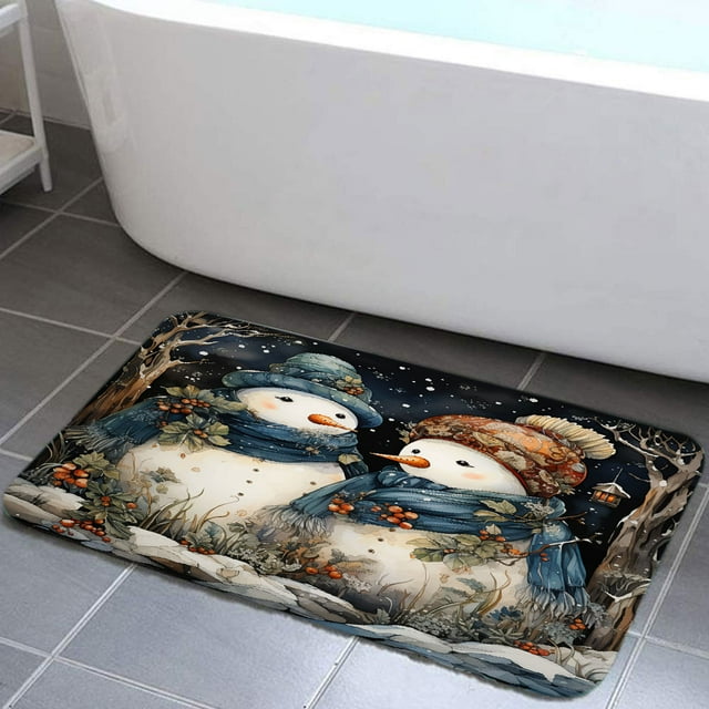 Merry Christmas Bathroom Rug, Winter Snowman Non Slip Soft Bath Mat
