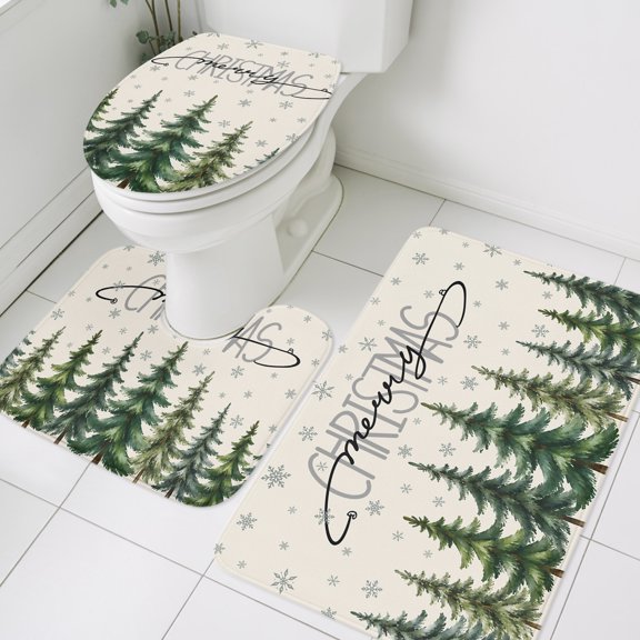Merry Christmas Bathroom Rugs Set Rustic Farmhouse Green Pine Spruce Trees Snowman Non Slip Absorbent Soft Bath Mats 3 Piece Set with Bathroom Rug, U-Shaped Floor Mat, Toilet Seat Cover Small Size