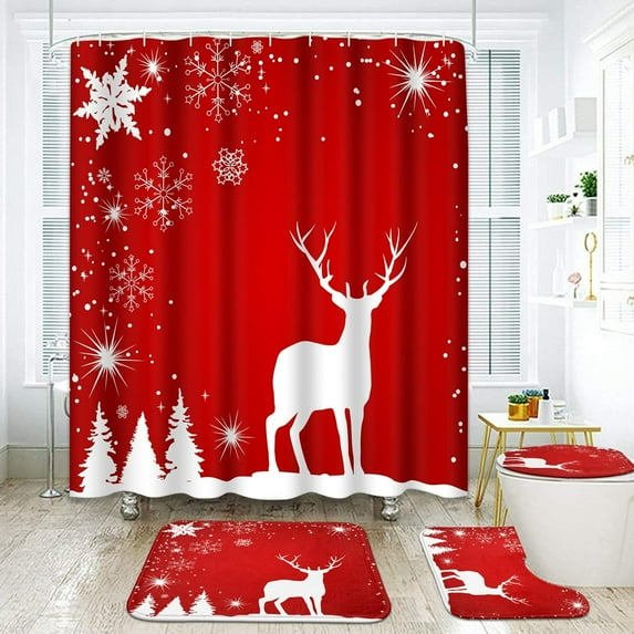 Merry Christmas Bathroom Set with Shower Curtain and Rugs Accessories, Christmas Reindeer Deer Snowflakes Shower Curtain for Bathroom, Winter Bathroom Decor 4 Pcs