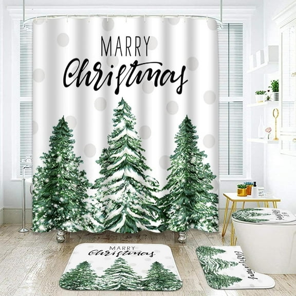 Merry Christmas Bathroom Set with Shower Curtain Set and Rugs Accessories, Jingle Ring Berry Christmas Bells Garland Shower Curtain for Bathroom, Winter Bathroom Decor 4 Pcs