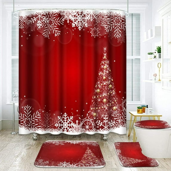 Merry Christmas Bathroom Set with Shower Curtain Sets and Rugs Accessories, Snowflake Red Xmas Shower Curtain for Bathroom, Winter Bathroom Decor 4 Pcs