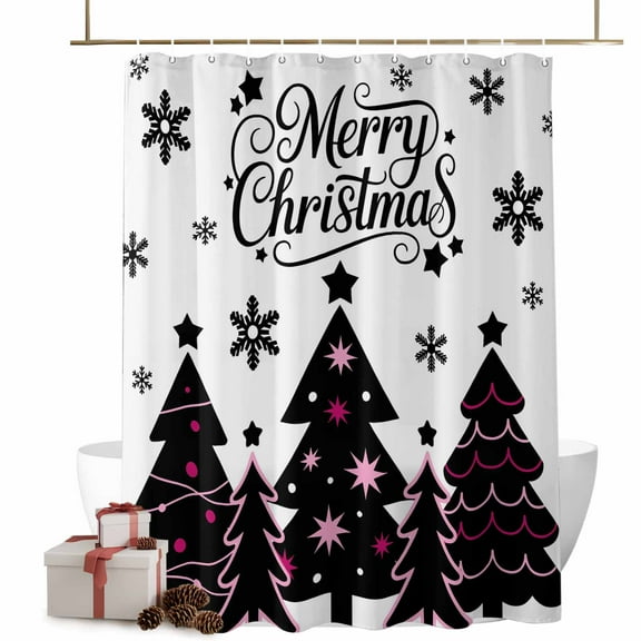Merry Christmas Bathroom Shower Curtain Black Christmas Tree Snowflakes Waterproof Washable Shower Curtains for Bathtub Bath Decor with Grommets and Hook 36 X 72 Inch