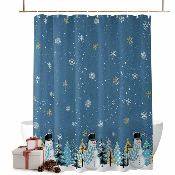 Merry Christmas Bathroom Shower Curtain Christmas Snowman Snowflakes Tree Blue White Waterproof Washable Shower Curtains for Bathtub Bath Decor with Grommets and Hook 36 X 72 Inch