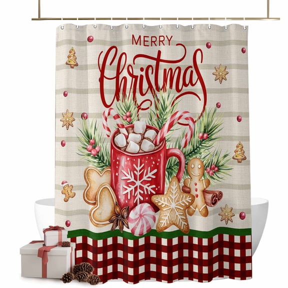 Merry Christmas Bathroom Shower Curtain Hot Cocoa Gingerbread Man Vintage Plaid Waterproof Washable Shower Curtains for Bathtub Bath Decor with Grommets and Hook 36 X 72 Inch