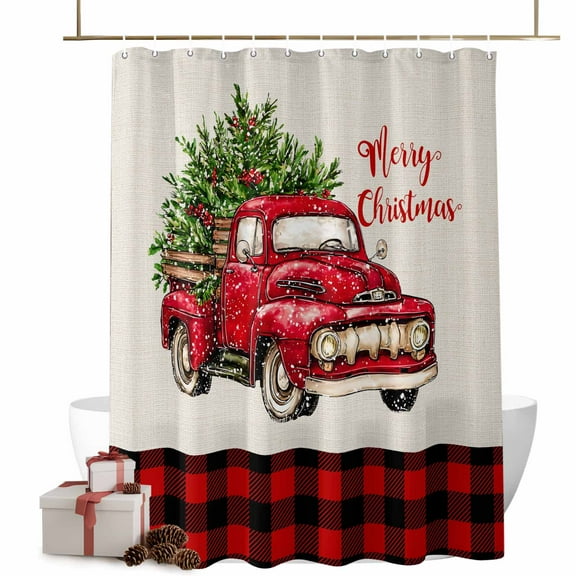 Merry Christmas Bathroom Shower Curtain Red Truck Winter Christmas Tree Plaid Waterproof Washable Shower Curtains for Bathtub Bath Decor with Grommets and Hook 36 X 72 Inch