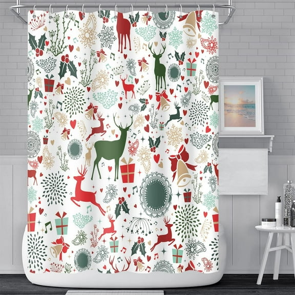 Merry Christmas Bathroom Shower Curtain Winter Cartoon Elk Snowflakes Red Green Xmas Pattern Shower Curtain Waterproof Durable Holiday Home Decor Shower Curtain with Hooks, 72x84 Inch