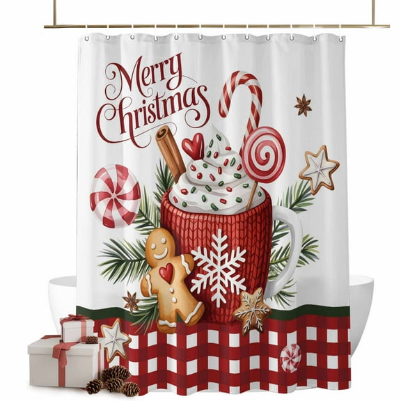 Merry Christmas Bathroom Shower Curtain Xmas Coffee Gingerbread Man Biscuits Holly Candy Red Plaid Waterproof Washable Shower Curtains for Bathtub Bath Decor with Grommets and Hook 36 X 72 Inch