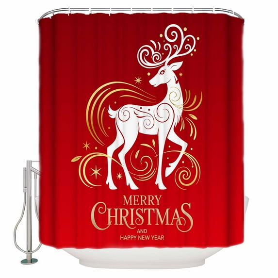 Merry Christmas Bathroom Shower Curtains with Hooks, Abstract Red Reindeer Winter Animal Modern Waterproof Fabric Washable Shower Curtain for Home Hotel Bathtub Decor 72x72 Inch