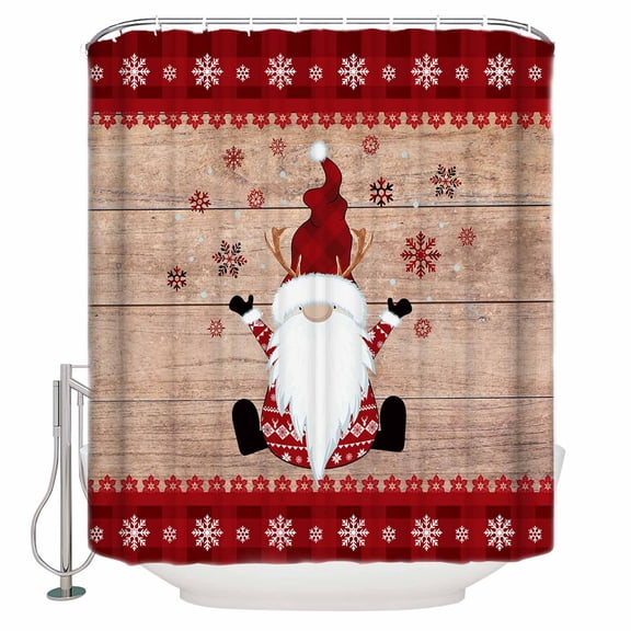 Merry Christmas Bathroom Shower Curtains with Hooks, Gnome Xmas Elf on Rustic Wood Grain Waterproof Fabric Washable Shower Curtain for Home Hotel Bathtub Decor 72x72 Inches