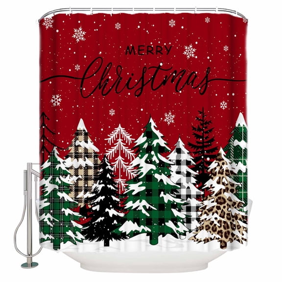 Merry Christmas Bathroom Shower Curtains with Hooks, Green Plaid Leopard Xmas Tree Waterproof Fabric Washable Shower Curtain for Home Hotel Bathtub Decor 54x78 Inches