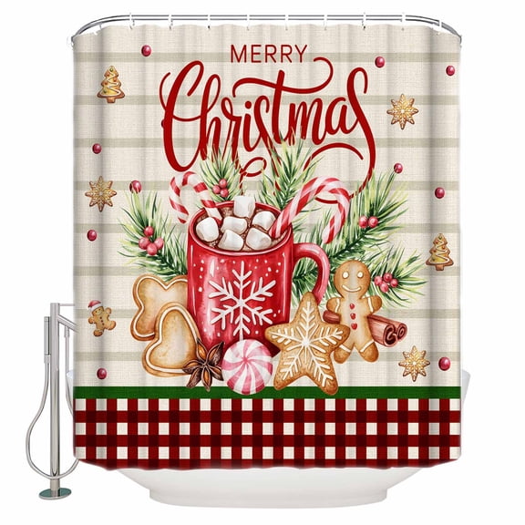 Merry Christmas Bathroom Shower Curtains with Hooks, Hot Cocoa Gingerbread Man Vintage Plaid Waterproof Fabric Washable Shower Curtain for Home Hotel Bathtub Decor 36x72 Inch