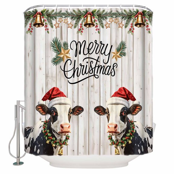 Merry Christmas Bathroom Shower Curtains with Hooks, Xmas Cow Bell Pine Leaf Star Grey Wood Grain Waterproof Fabric Washable Shower Curtain for Home Hotel Bathtub Decor 60x72 Inch