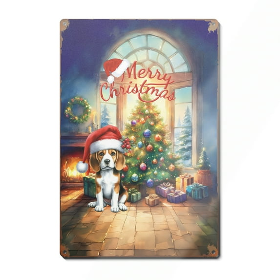 Merry Christmas Beagle Santa Hat Xmas Tree Winter Holiday Vertical Metal Aluminum Sign Beagles Dog Lover Gifts Idea Wall Art Home Decor - 01013