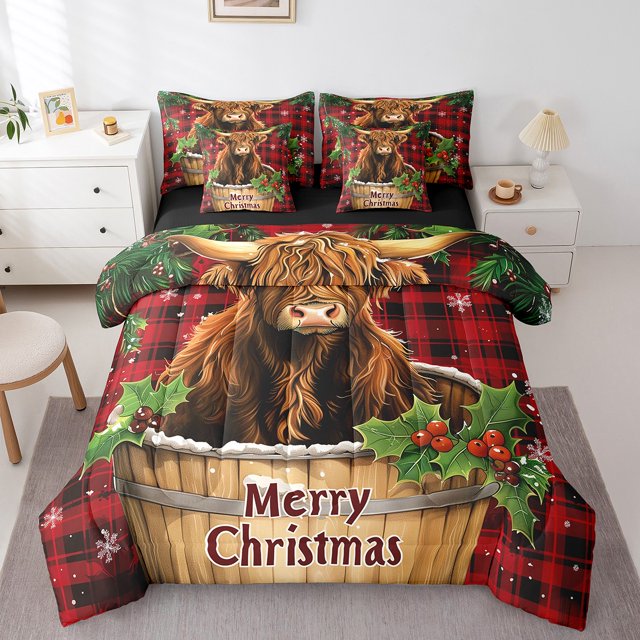 Merry Christmas Bed in a Bag 7 Pcs Twin Size Highland Cattle Print