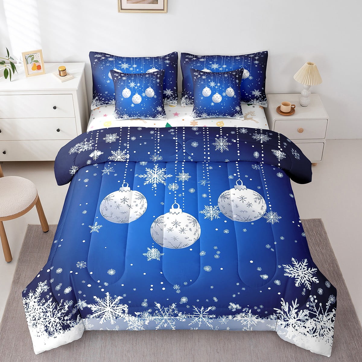 Merry Christmas Bed in a Bag King Size Comforter Set 7 Pieces,Blue 