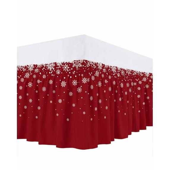 Merry Christmas Bed Skirt California King Size 16 Inch Drop, Snowflakes Polka Dots Red Texture Wrap Around Dust Ruffle Bedskirts, Wrinkle & Fade Resistant Easy Fit Bedskirt with Adjustable Elastic