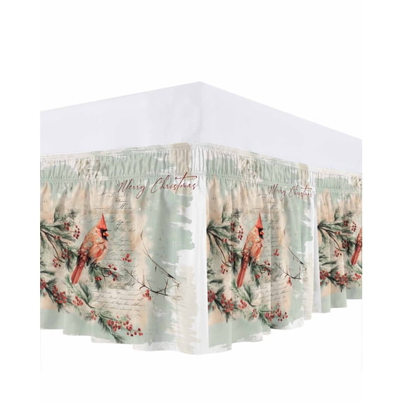 Merry Christmas Bed Skirt California King Size 16 Inch Drop, Cardinal Berries Evergreen Bough Love Letter Wrap Around Dust Ruffle Bedskirts, Easy Fit Bedskirt with Adjustable Elastic